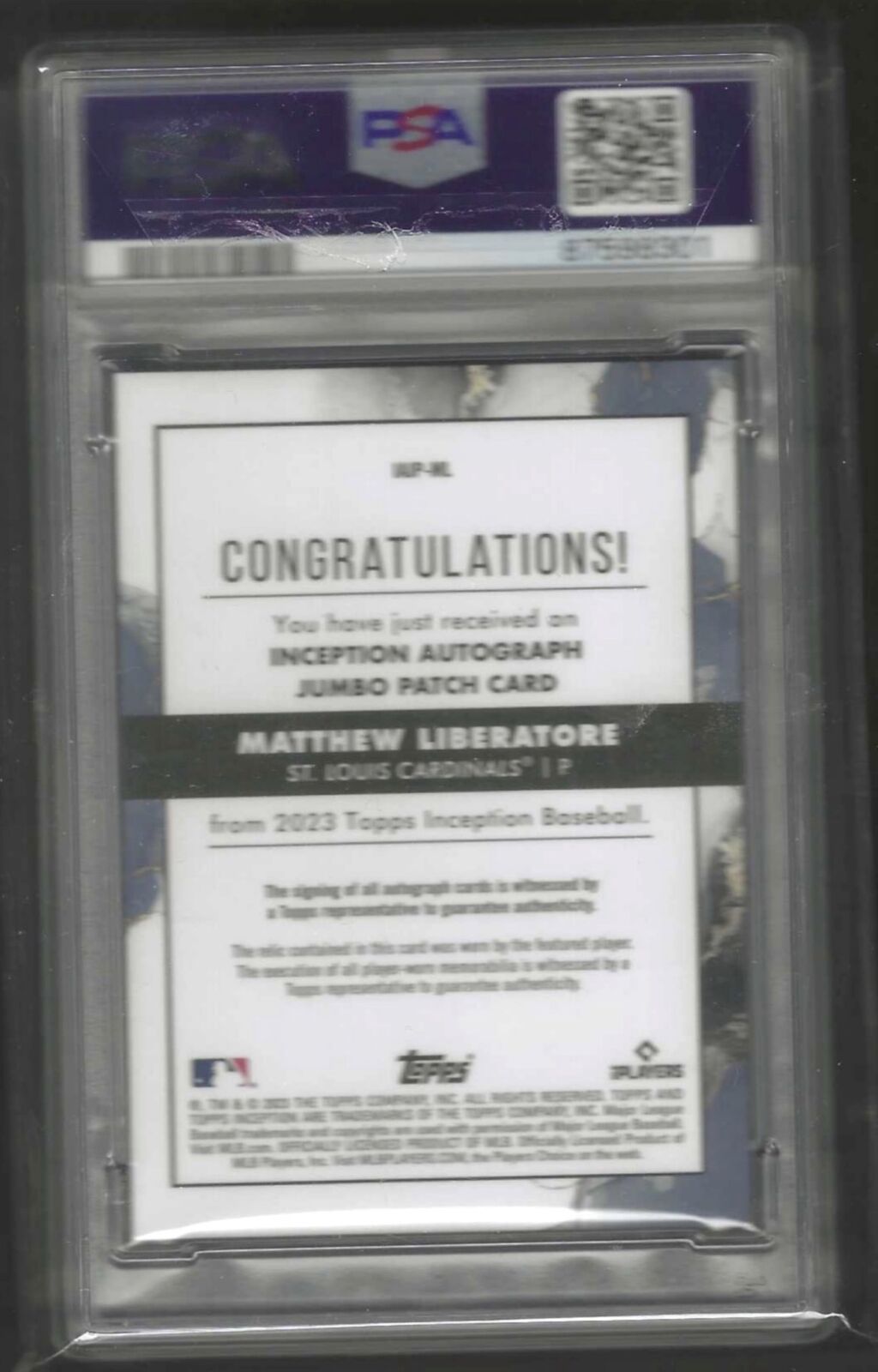 MATTHEW LIBERATORE 2023 TOPPS INCEPTION JUMBO PATCH AUTO RC /99 PSA 10 POP 2