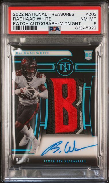 RACHAAD WHITE 2022 NATIONAL TREASURES MIDNIGHT PATCH AUTO RC 8/20 PSA 8 POP 1/1