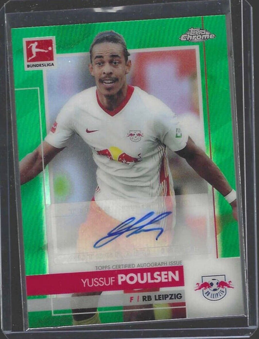 YUSSUF POULSEN 2020-21 TOPPS CHROME BUNDESLIGA GREEN REFRACTOR AUTO #D 71/99