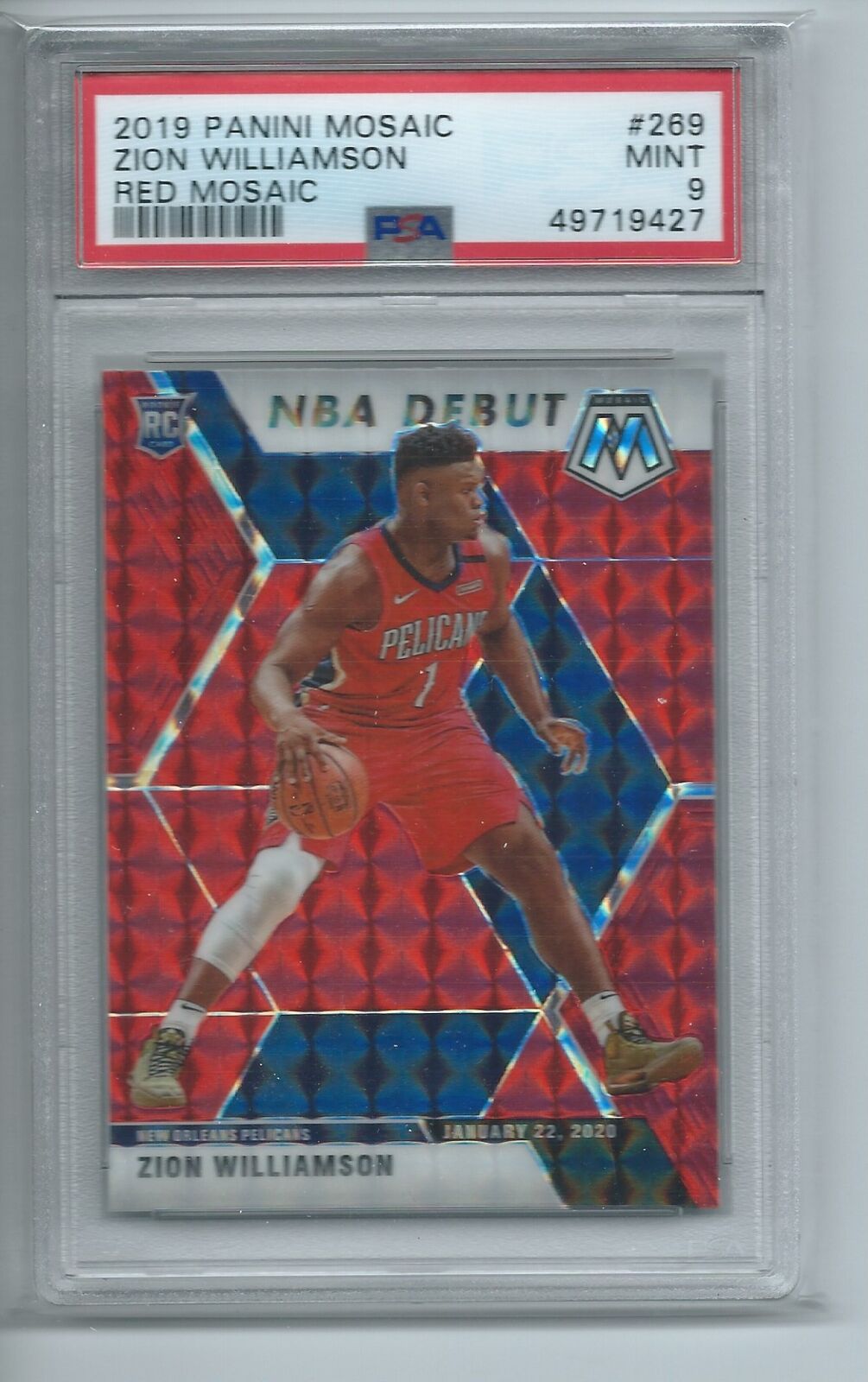 ZION WILLIAMSON 2019-20 PANINI MOSAIC RED MOSAIC NBA DEBUT RC #269 PSA 9 MINT