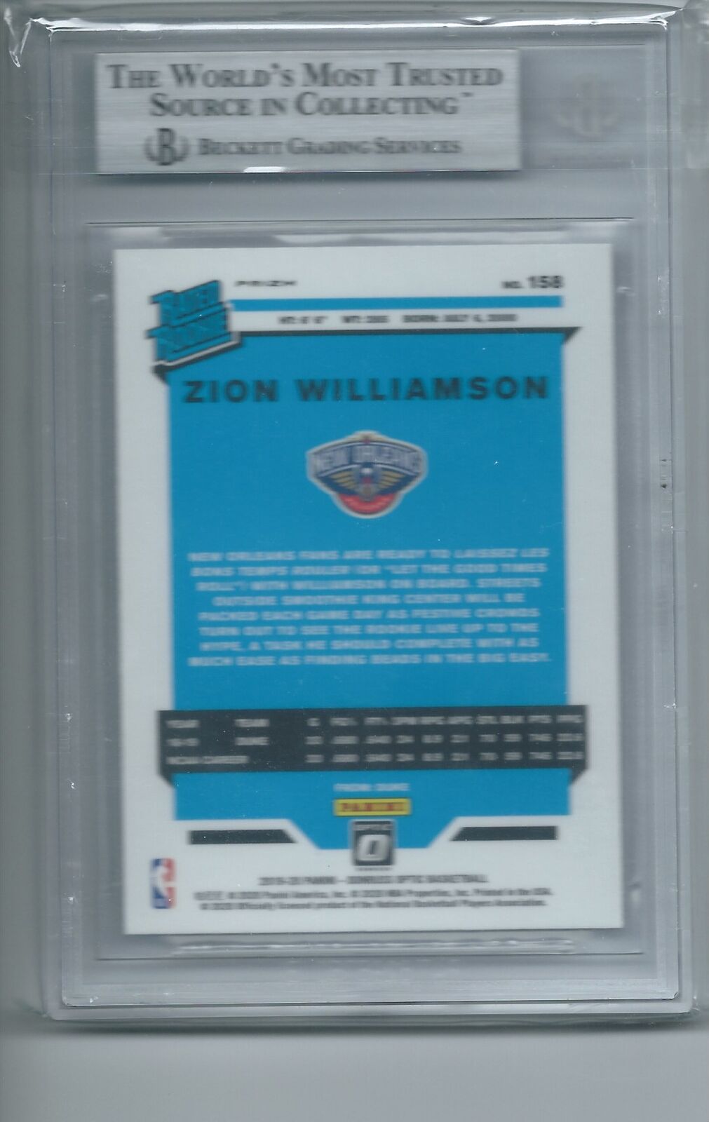 ZION WILLIAMSON 2019-20 PANINI DONRUSS OPTIC HOLO RATED ROOKIE RC #158 BGS 9
