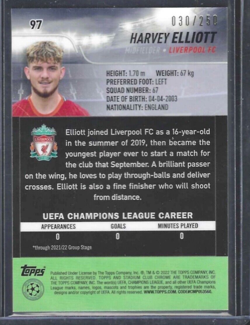 HARVEY ELLIOTT 2020-21 TOPPS STADIUM CLUB CHROME AQUA WAVE REFRACTOR RC #D /250