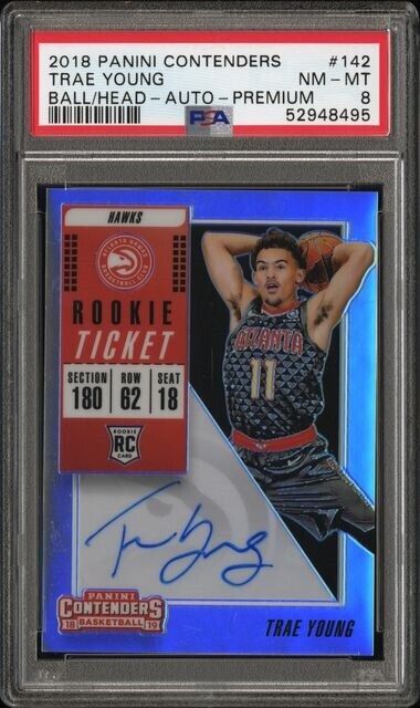 TRAE YOUNG 2018-19 PANINI CONTENDERS PREMIUM ROOKIE TICKET ONCARD AUTO RC PSA 8