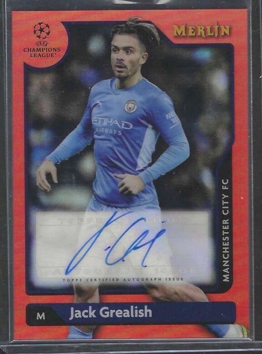 JACK GREALISH 2021-22 TOPPS MERLIN RED REFRACTOR MANCHESTER CITY AUTO #D 09/10