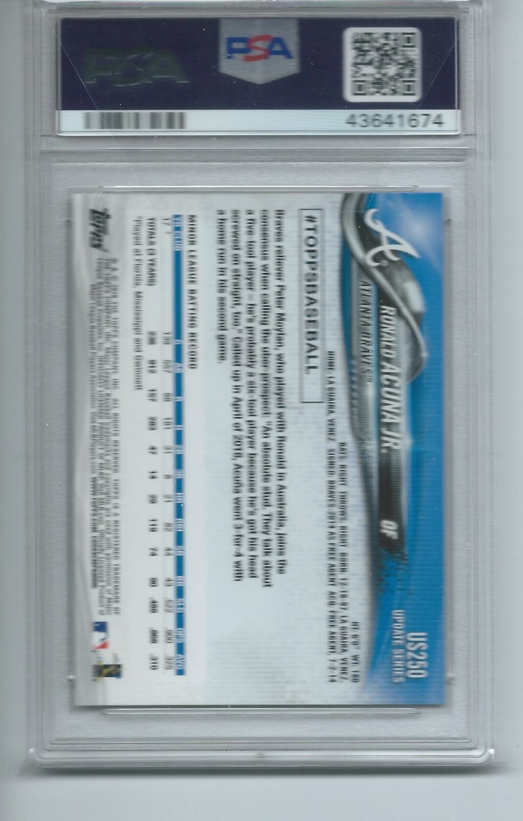 RONALD ACUNA JR 2019 TOPPS UPDATE AT BAT IN BLUE JERSEY RC #250 PSA 10 GEM MINT