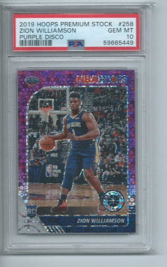 ZION WILLIAMSON 2019-20 HOOPS PREMIUM STOCK PURPLE DISCO PRIZM RC #258 PSA 10