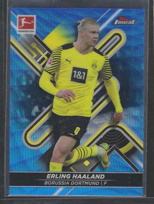 ERLING HAALAND 2021-22 TOPPS FINEST BUNDESLIGA BLUE WAVE REFRACTOR #D 014/150