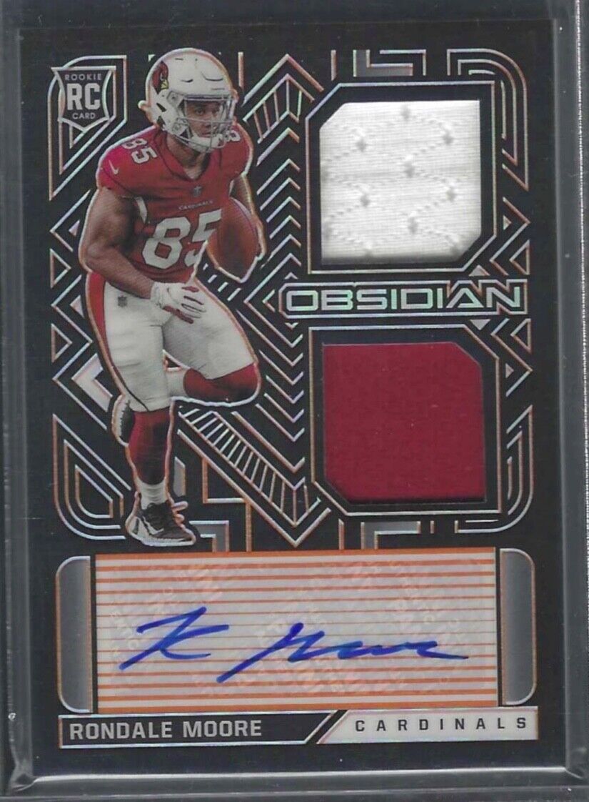 RONDALE MOORE 2021 PANINI OBSIDIAN ORANGE ETCH ROOKIE DUAL PATCH AUTO RC #D /99