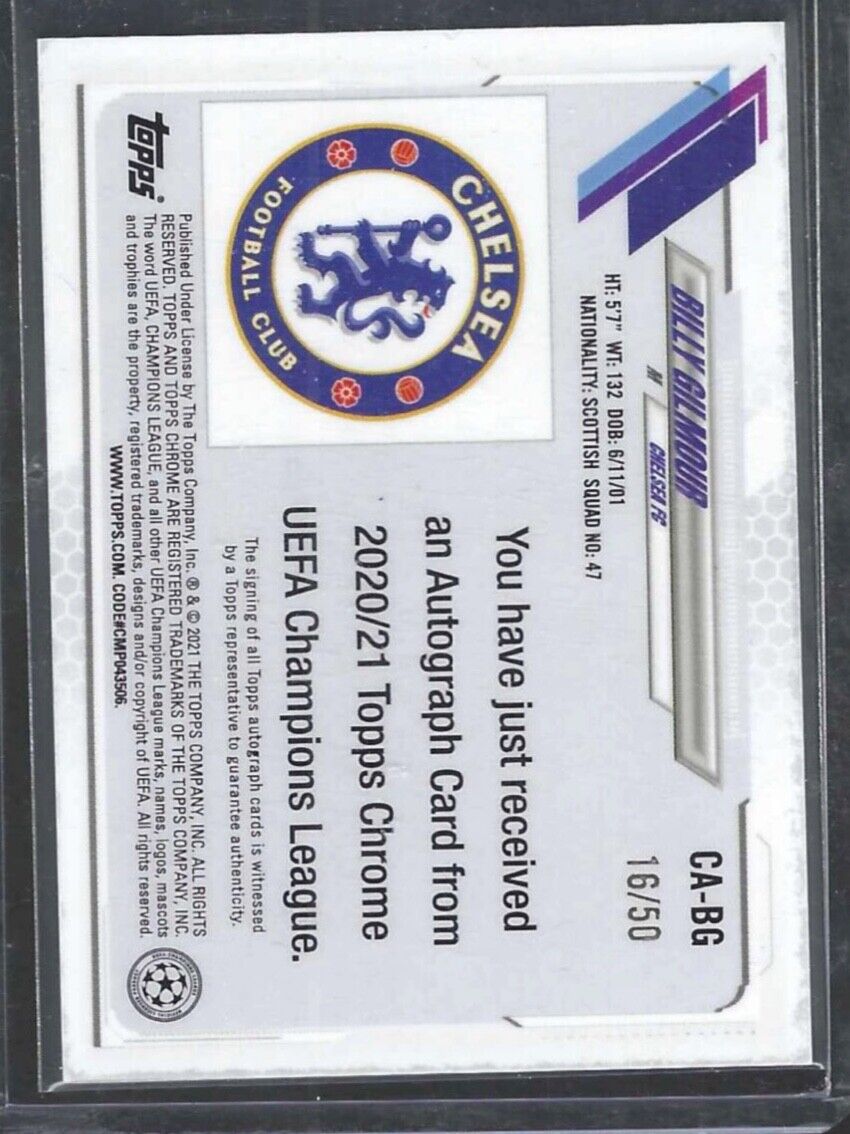 BILLY GILMOUR 2020-21 TOPPS CHROME UEFA GOLD REFRACTOR AUTO RC #D 16/50