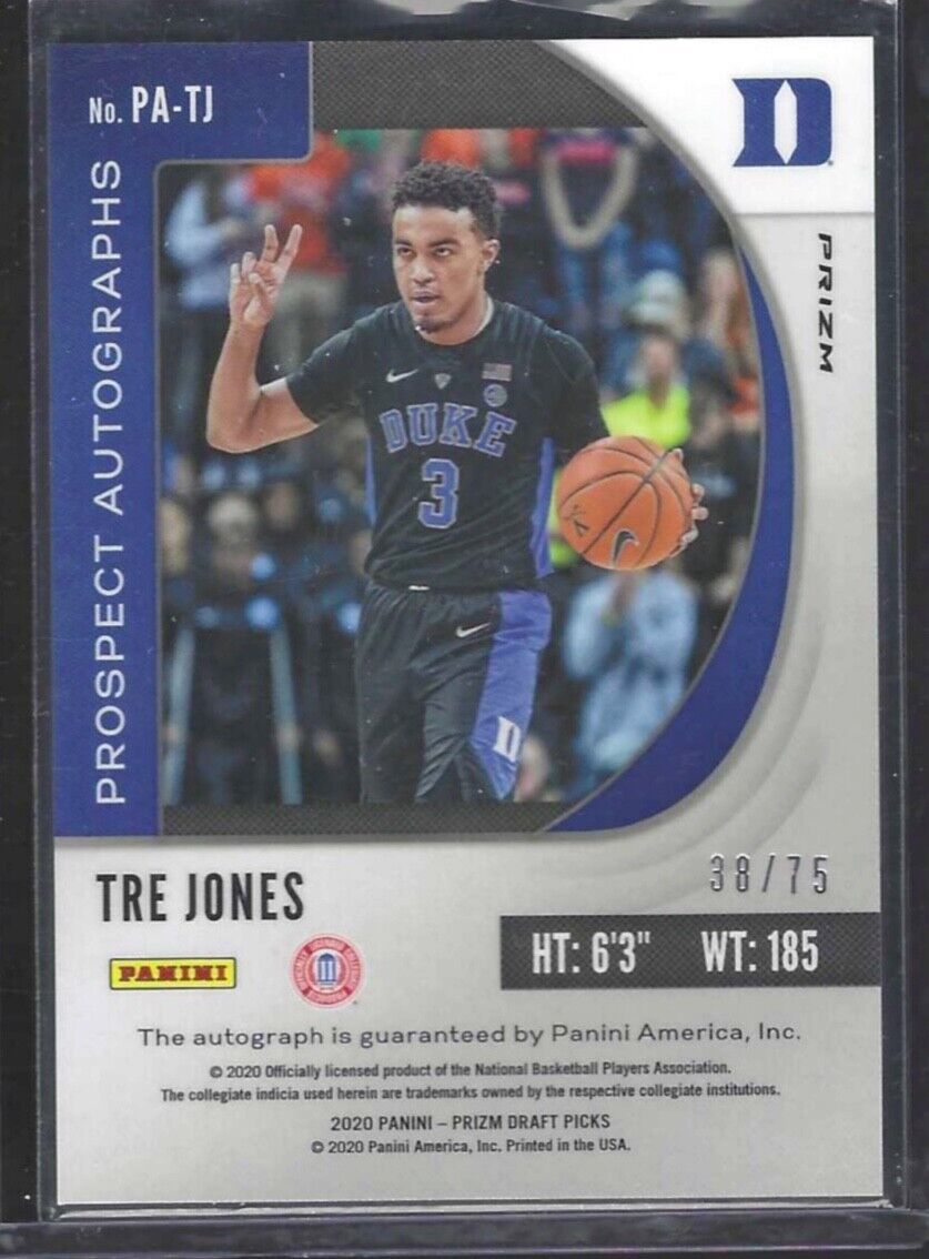 TRE JONES 2020-21 PANINI PRIZM BLUE CRACKED ICE PRIZMS ROOKIE AUTO RC #D 38/75