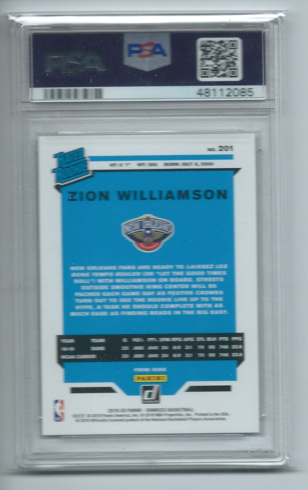 ZION WILLIAMSON 2019-20 PANINI DONRUSS RATED ROOKIE RC #201 PSA 10 GEM MINT