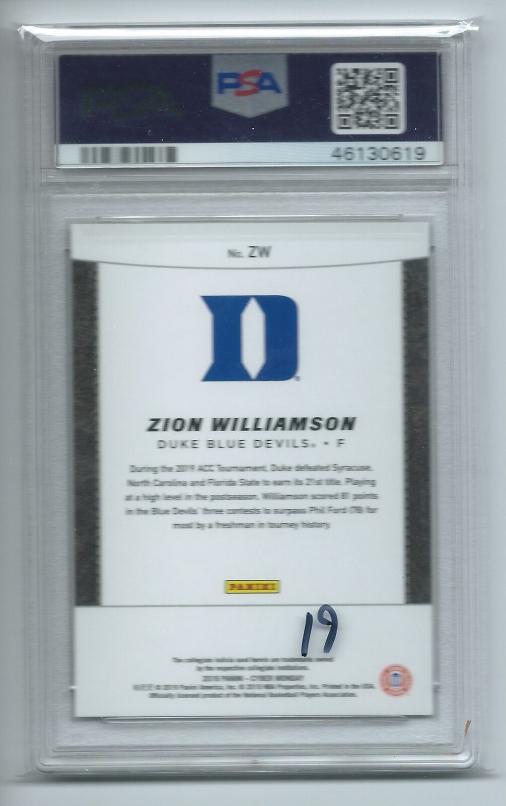 ZION WILLIAMSON 2019-20 PANINI CYBER MONDAY ROOKIES RC #ZW PSA 10 GEM MINT
