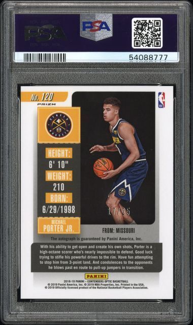 MICHAEL PORTER JR 2018-19 PANINI CONTENDERS OPTIC ORANGE AUTO RC /25 PSA 10 GEM