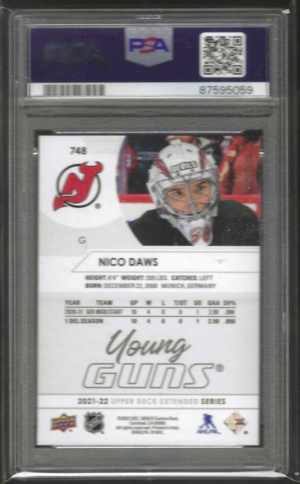 NICO DAWS 2021 UPPER DECK YOUNG GUNS ROOKIE RC #748 PSA 10 GEM MINT