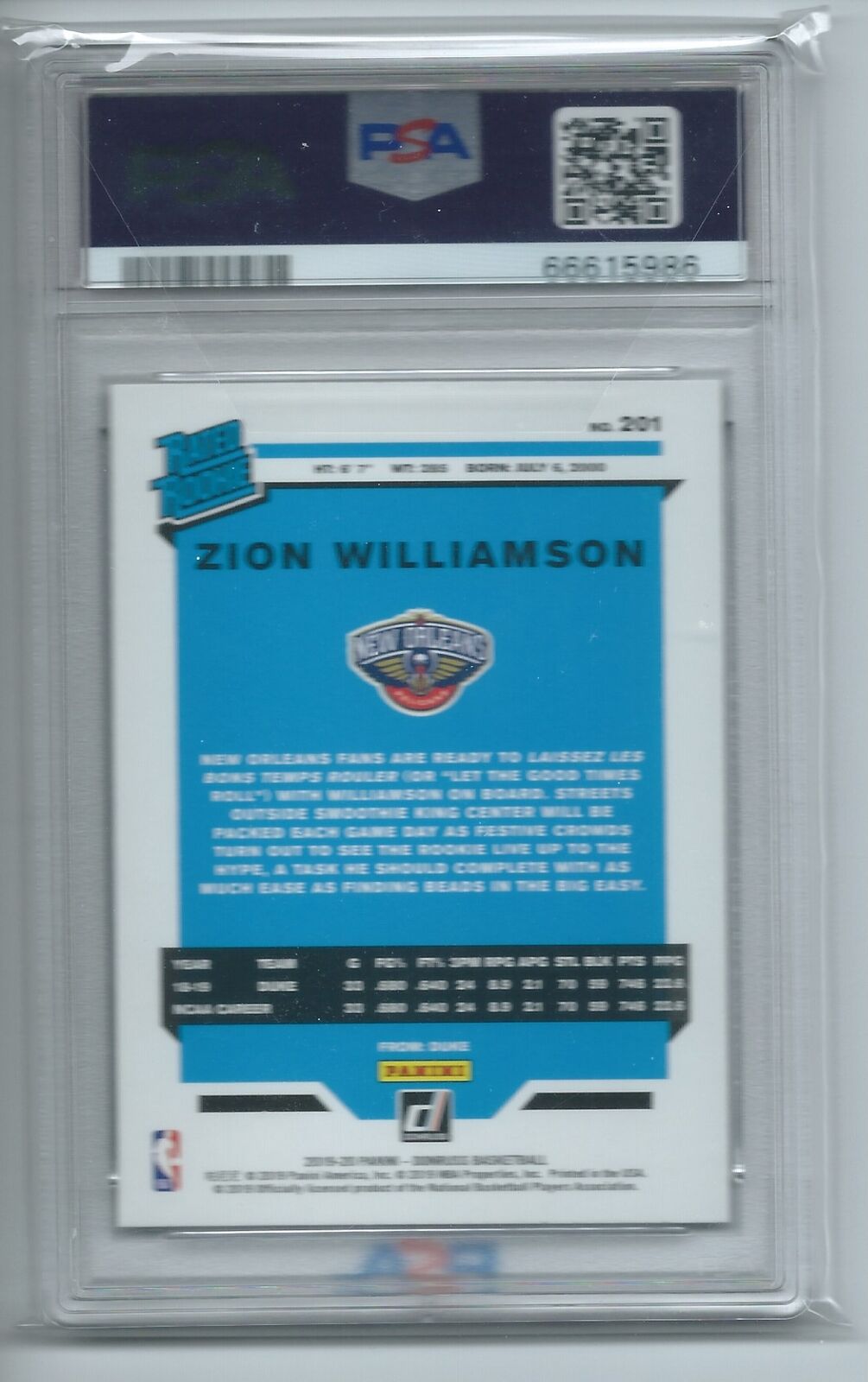 ZION WILLIAMSON 2019-20 DONRUSS INFINITE CHOICE RATED ROOKIE RC #201 PSA 10 GEM