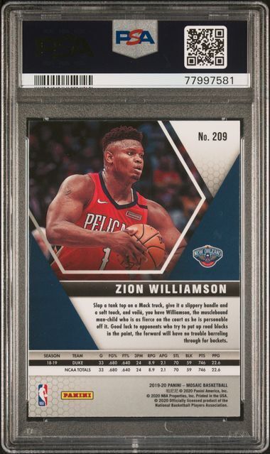 ZION WILLIAMSON 2019-20 PANINI MOSAIC RED JERSEY PHOTO VARIATION RC #209 PSA 10