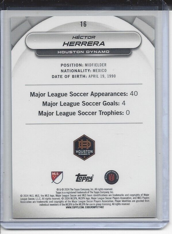 HECTOR HERRERA 2024 TOPPS MLS SUPERSTARS BLUE ICONIC CHROME REFRACTOR #D 4/10