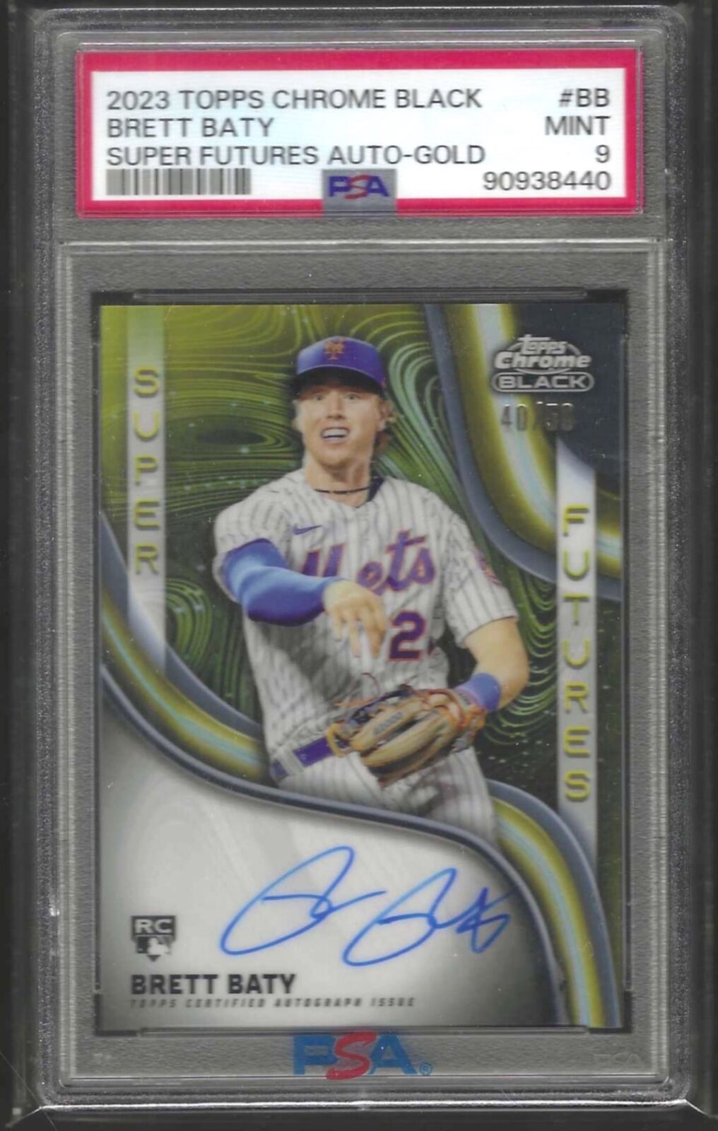 BRETT BATY 2023 TOPPS CHROME BLACK SUPER FUTURES GOLD AUTO RC /50 PSA 9 POP 5