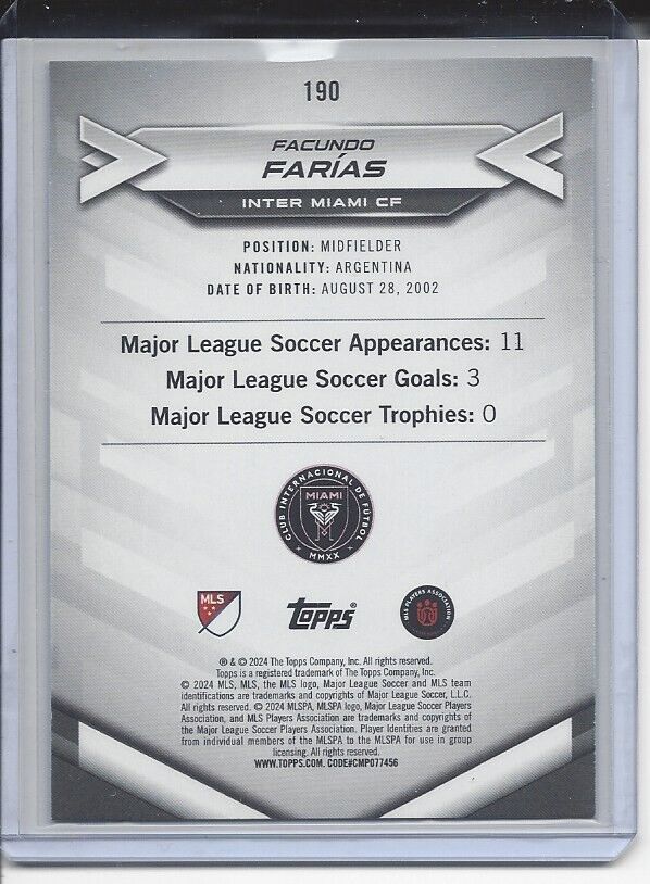 FACUNDO FARIAS 2024 TOPPS MLS SUPERSTARS GREEN UNCOMMON RC #190