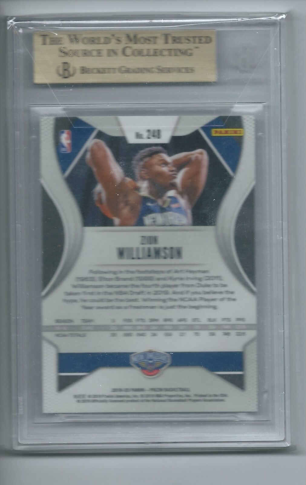 ZION WILLIAMSON 2019-20 PANINI PRIZM RC #248 BGS 10 PRISTINE GEM MINT