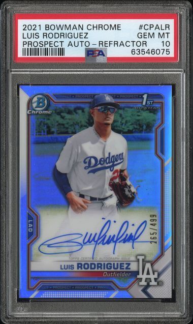 LUIS RODRIGUEZ 2021 BOWMAN CHROME PROSPECT 1ST REFRACTOR AUTO /499 PSA 10 GEM