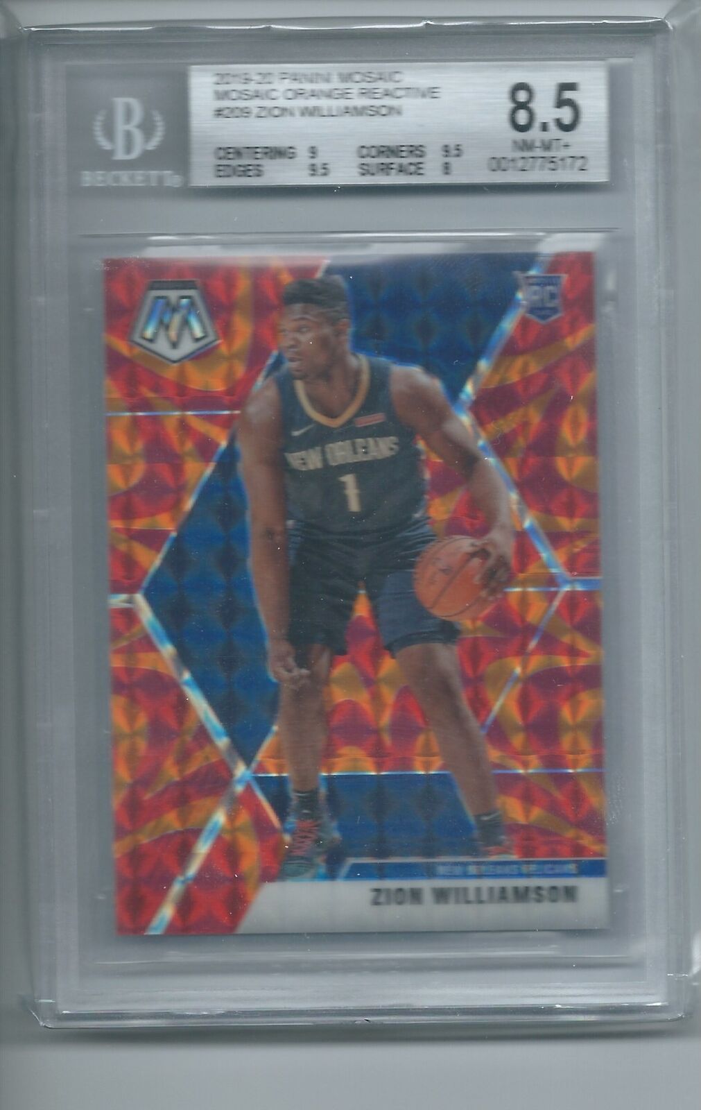 ZION WILLIAMSON 2019-20 PANINI MOSAIC ORANGE REACTIVE RC #209 BGS 8.5 MINT