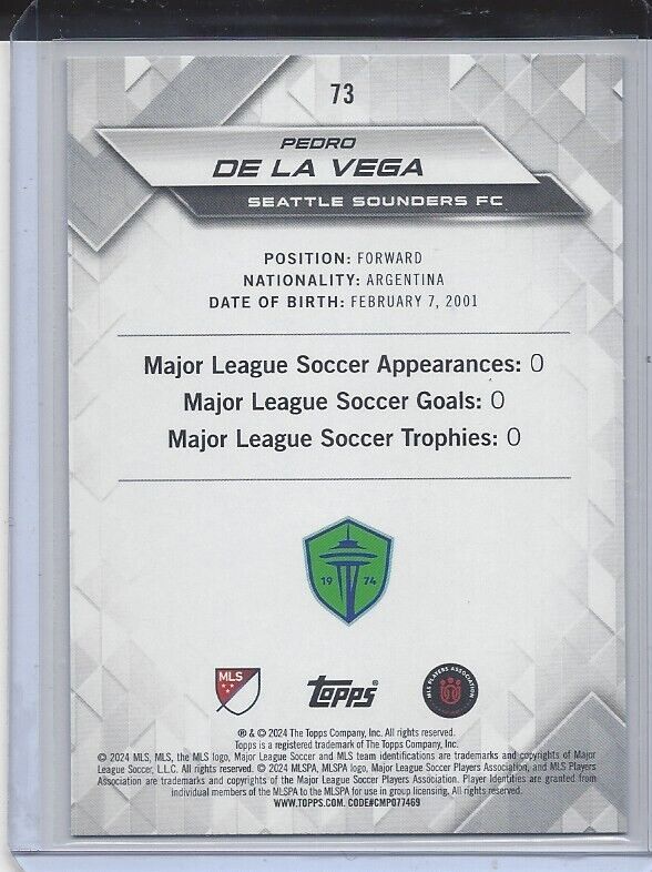 PEDRO DE LA VEGA 2024 TOPPS MLS SUPERSTARS GREEN UNCOMMON RC #73