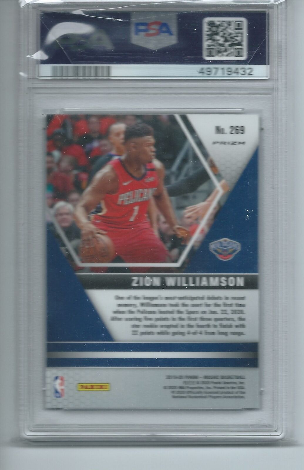 ZION WILLIAMSON 2019-20 PANINI MOSAIC NBA DEBUT MOSAIC PRIZM RC #269 PSA 10 GEM