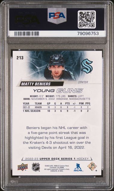 MATTY BENIERS 2022 UPPER DECK YOUNG GUNS ROOKIE RC #213 PSA 10 GEM MINT