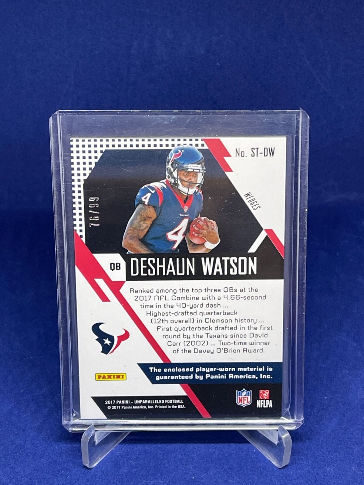 DESHAUN WATSON 2017 PANINI UNPARALLELED WEDGES DUAL JERSEY RC #D 76/99