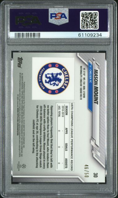 MASON MOUNT 2019-20 TOPPS CHROME UCL GOLD REFRACTOR RC #D 46/50 PSA 10 GEM MINT