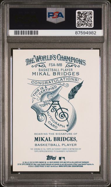 MIKAL BRIDGES 2018 TOPPS ALLEN & GINTER FULL SIZE ON CARD AUTO RC PSA 10 POP 5