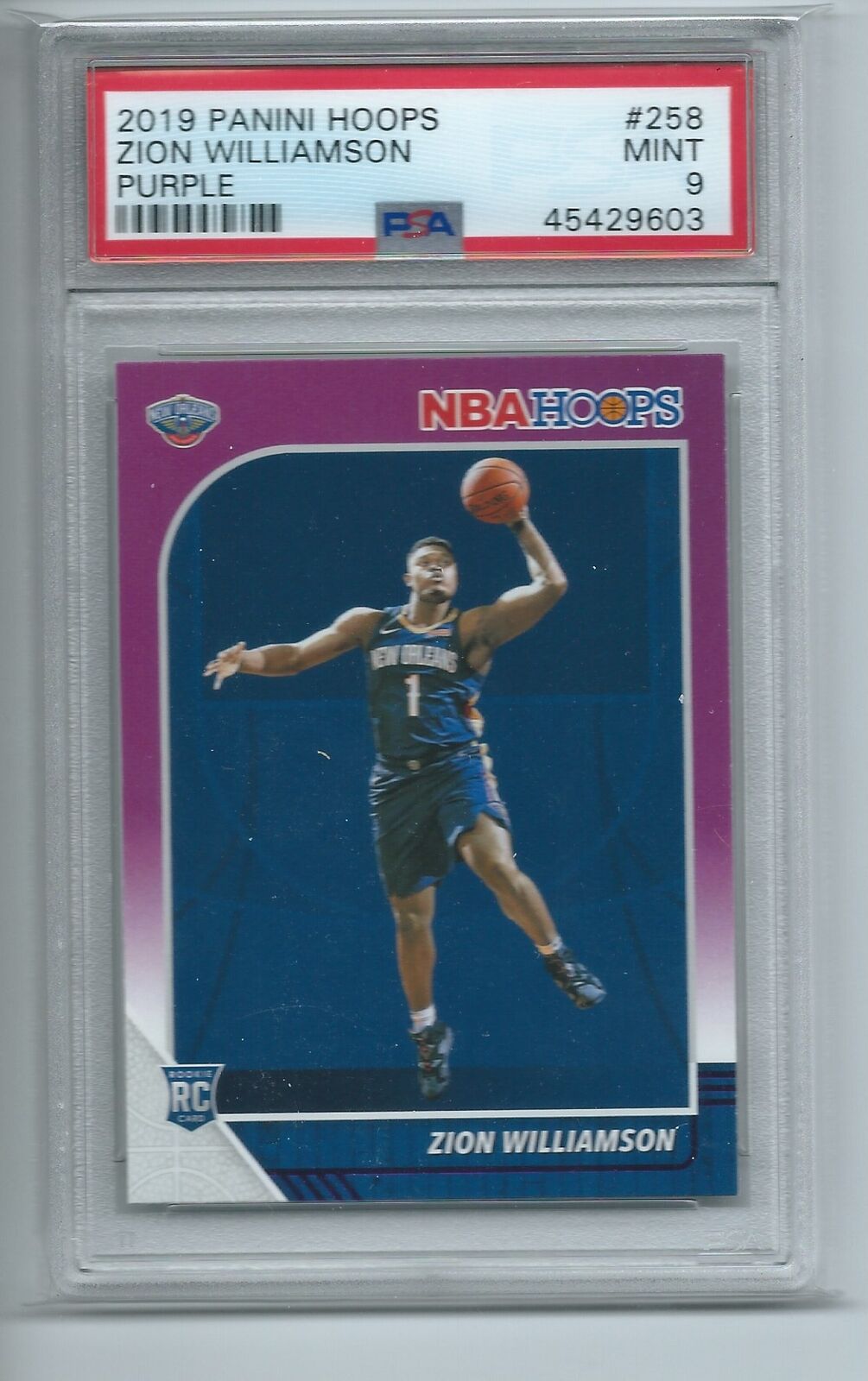 ZION WILLIAMSON 2019-20 PANINI HOOPS PURPLE SP ROOKIE RC #258 PSA 9 MINT
