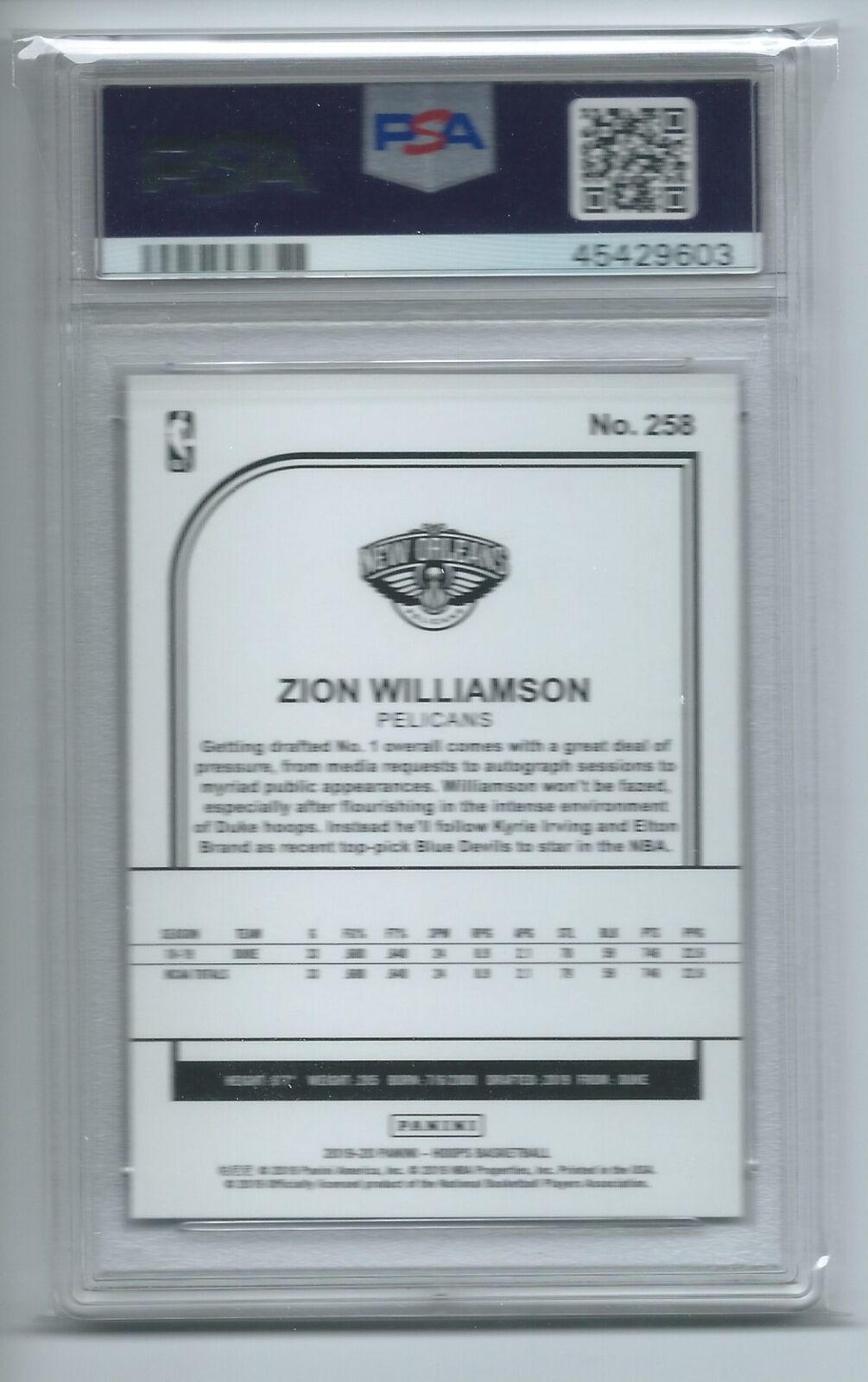 ZION WILLIAMSON 2019-20 PANINI HOOPS PURPLE SP ROOKIE RC #258 PSA 9 MINT