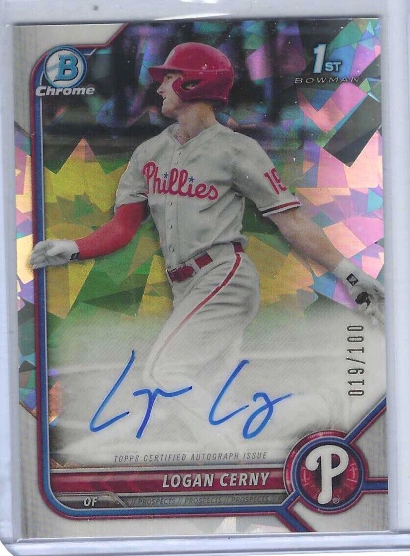 LOGAN CERNY 2022 BOWMAN CHROME ATOMIC REFRACTOR 1ST PROSPECT AUTO #D 019/100