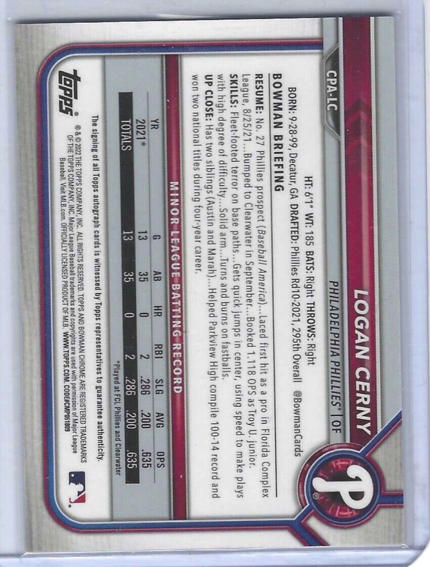 LOGAN CERNY 2022 BOWMAN CHROME ATOMIC REFRACTOR 1ST PROSPECT AUTO #D 019/100