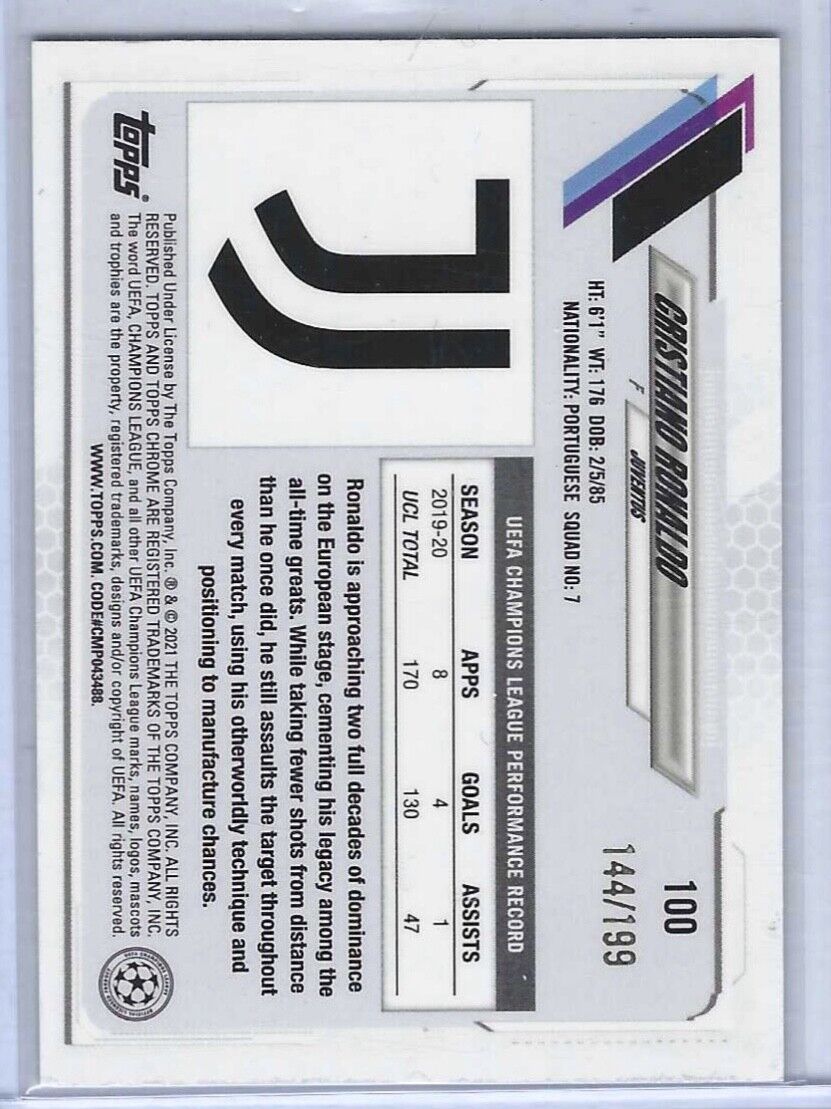 CRISTIANO RONALDO 2020-21 TOPPS CHROME UCL UEFA AQUA REFRACTOR #D 144/199