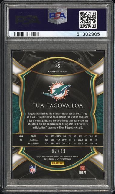 TUA TAGOVAILOA 2020 PANINI SELECT CONCOURSE RED PRIZM RC #D 82/99 PSA 9 MINT