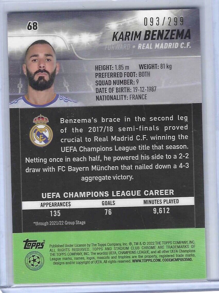 KARIM BENZEMA 2021-22 TOPPS STADIUM CLUB CHROME NEGATIVE REFRACTOR #D /299