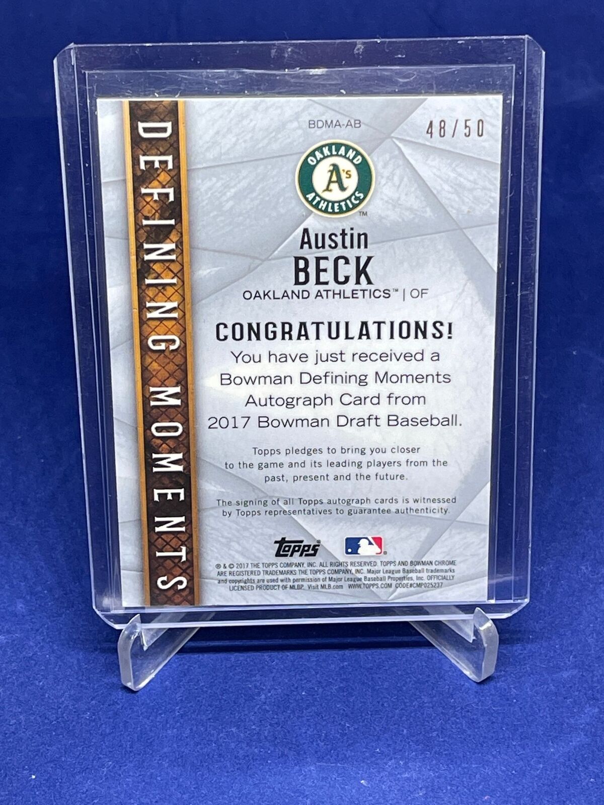AUSTIN BECK 2017 BOWMAN DRAFT DEFINING MOMENTS GOLD REFRACTOR #D 48/50
