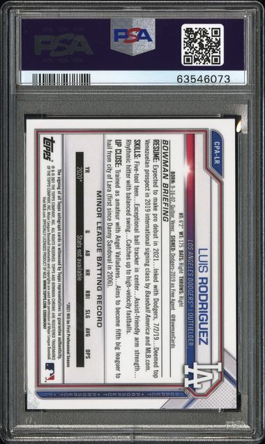 LUIS RODRIGUEZ 2021 BOWMAN CHROME 1ST SPECKLE REFRACTOR AUTO /299 PSA 10 GEM
