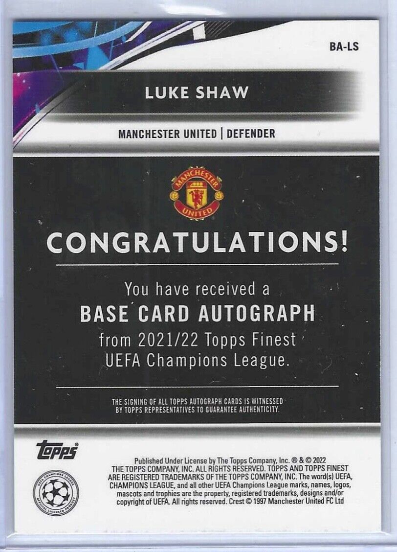 LUKE SHAW 2021-22 TOPPS FINEST UCL SILVER REFRACTOR AUTO #BA-LS