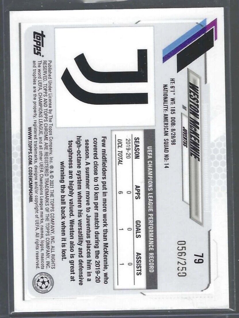 WESTON MCKENNIE 2020-21 TOPPS CHROME UCL UEFA PURPLE REFRACTOR #D 056/250
