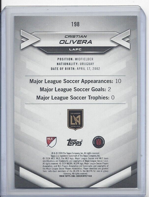 CRISTIAN OLIVERA 2024 TOPPS MLS SUPERSTARS GREEN UNCOMMON RC #198