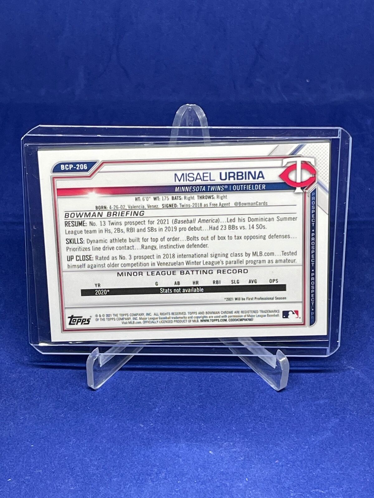 MISAEL URBINA 2021 BOWMAN CHROME 1ST SPARKLE REFRACTOR PROSPECT #D 34/299