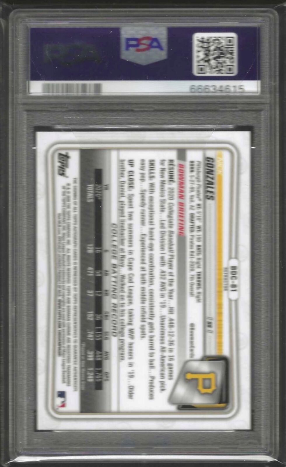 NICK GONZALES 2020 BOWMAN CHROME SSP SP REFRACTOR PROSPECT AUTO /99 PSA 9 MINT