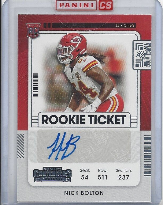 NICK BOLTON 2021 PANINI CONTENDERS ROOKIE TICKET CHIEFS AUTO RC #174