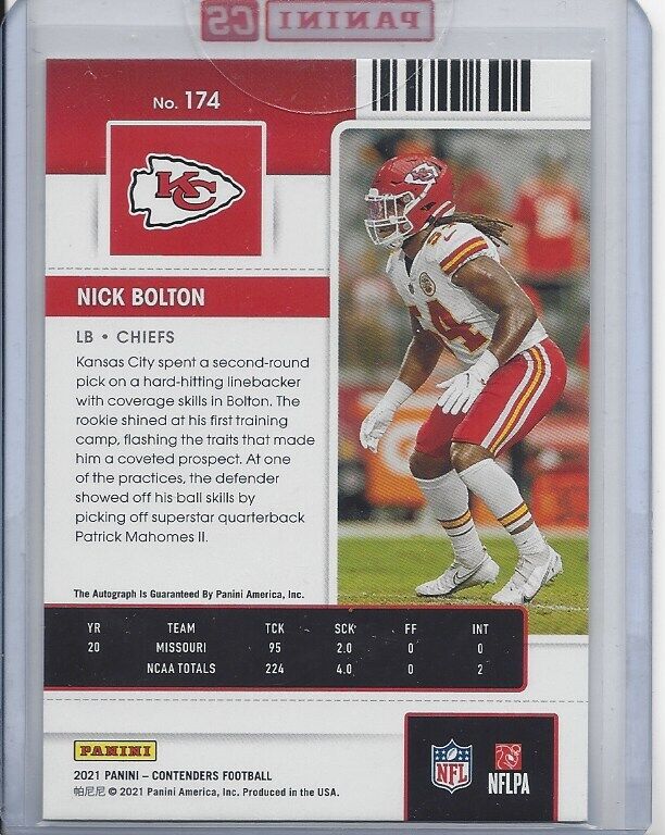 NICK BOLTON 2021 PANINI CONTENDERS ROOKIE TICKET CHIEFS AUTO RC #174