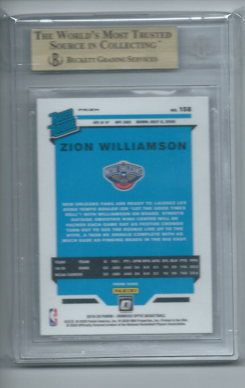 ZION WILLIAMSON 2019-20 PANINI DONRUSS OPTIC PURPLE SHOCK RC #158 BGS 9.5 GEM