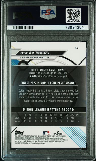 OSCAR COLAS 2023 TOPPS FINEST SUPERFRACTOR ROOKIE RC #D 1/1 PSA 9 MINT POP 1/1